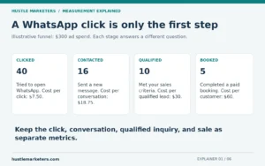 Illustrative WhatsApp funnel: 40 clicks, 16 conversations, 10 qualified inquiries, and 5 paid bookings.