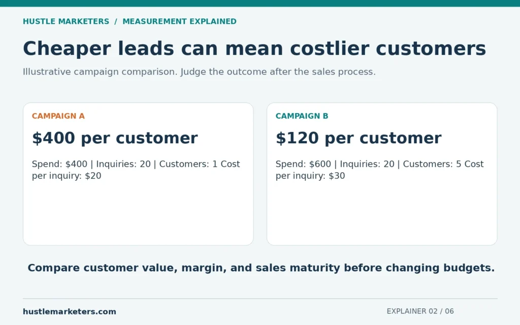 Illustrative campaign comparison: Campaign A has cheaper leads but a $400 customer cost; Campaign B has a $120 customer cost.