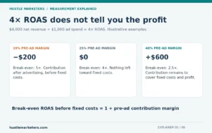 At $4,000 revenue and $1,000 ad spend, 20%, 25%, and 40% pre-ad margins produce minus $200, zero, and plus $600 before fixed costs.