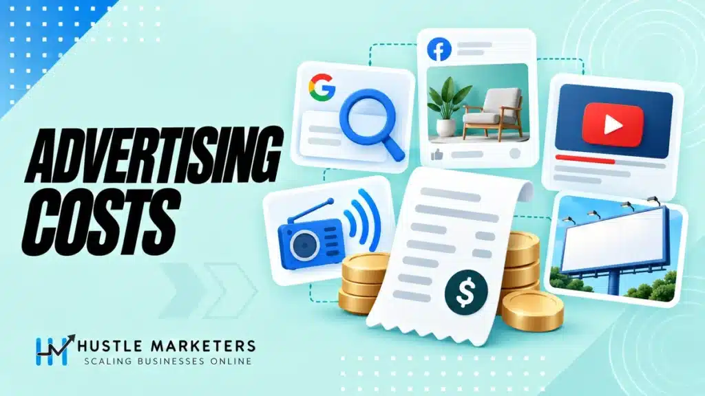 Advertising costs guide illustration comparing search, social, video, radio and billboard channels with a budget receipt.