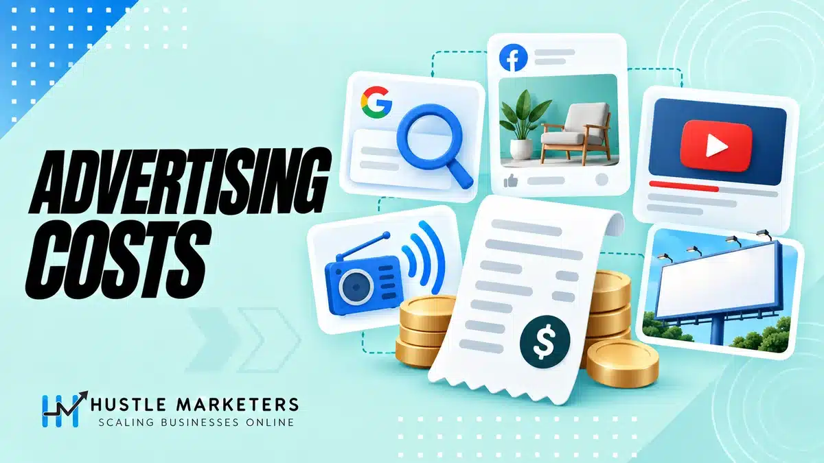 Advertising costs guide illustration comparing search, social, video, radio and billboard channels with a budget receipt.