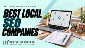 Best local SEO companies cover with a laptop showing an abstract local map, an agency evaluation checklist and generic storefront models.