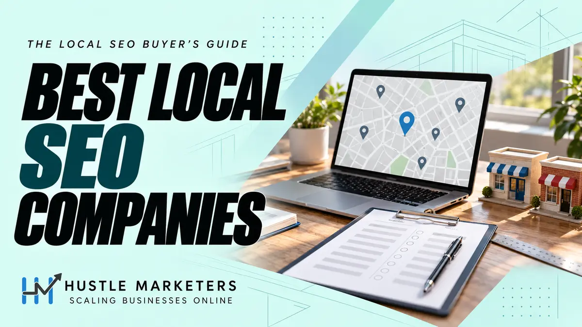 Best local SEO companies cover with a laptop showing an abstract local map, an agency evaluation checklist and generic storefront models.