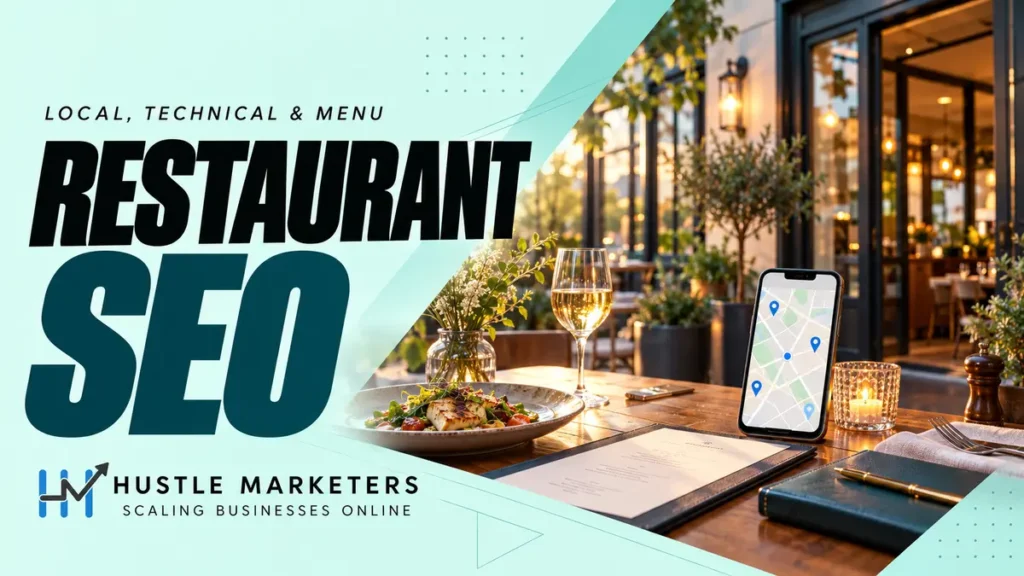 Restaurant SEO cover showing a modern restaurant table, menu, plated dish and smartphone with an abstract local map.