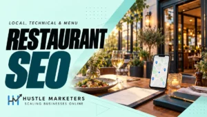 Restaurant SEO cover showing a modern restaurant table, menu, plated dish and smartphone with an abstract local map.