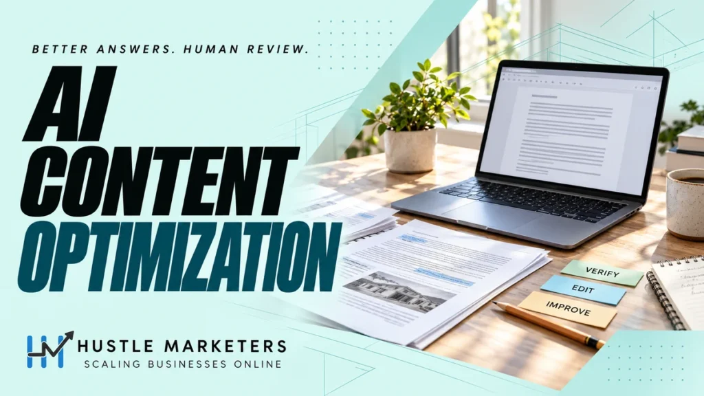 AI content optimization cover showing a document review workspace with verify, edit and improve tabs.