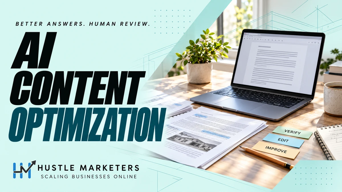 AI content optimization cover showing a document review workspace with verify, edit and improve tabs.