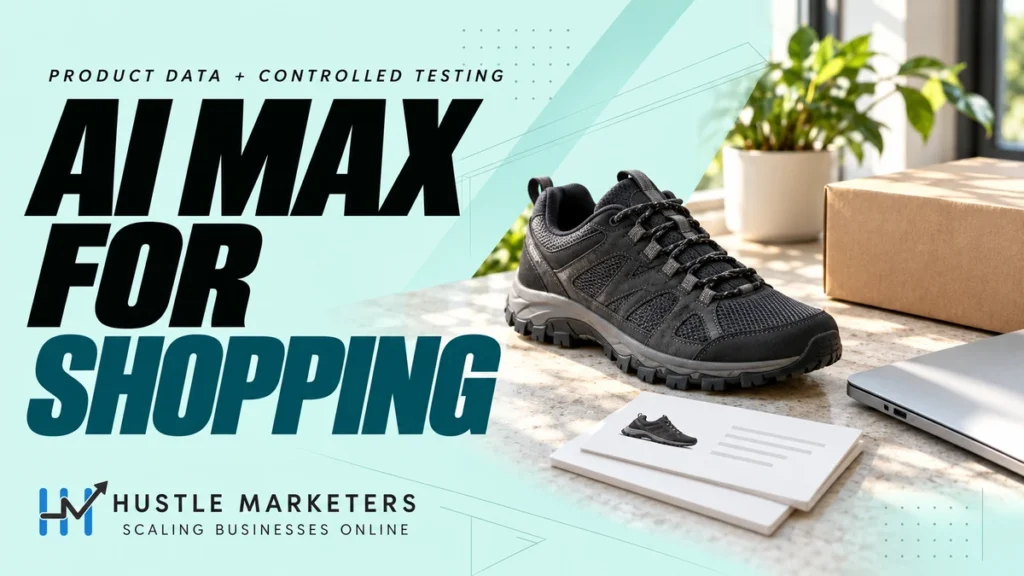 AI Max for Shopping cover showing a hiking shoe, product information cards, a shipping box and a laptop on a workspace.