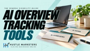 AI Overview tracking tools cover with research folders labeled AI Overviews and AI Mode beside a laptop.