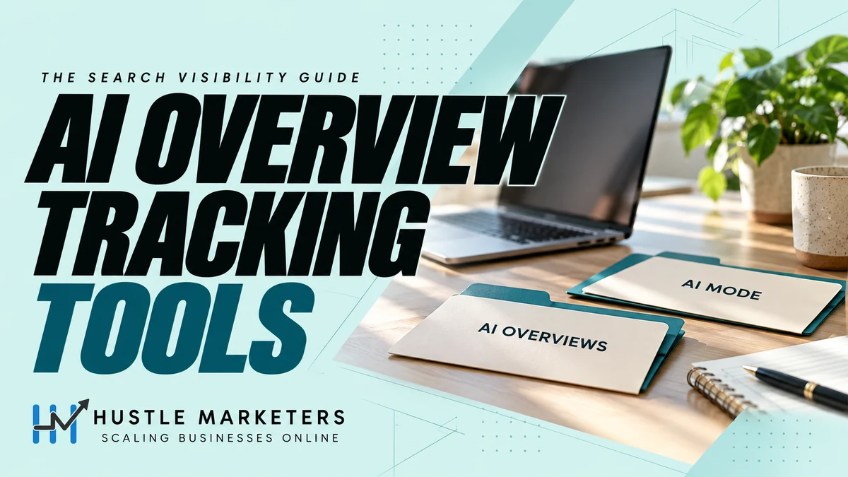 AI Overview tracking tools cover with research folders labeled AI Overviews and AI Mode beside a laptop.