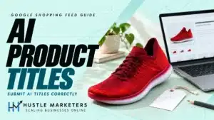 AI product titles for Google Shopping with a red running shoe and an illustrative product page.