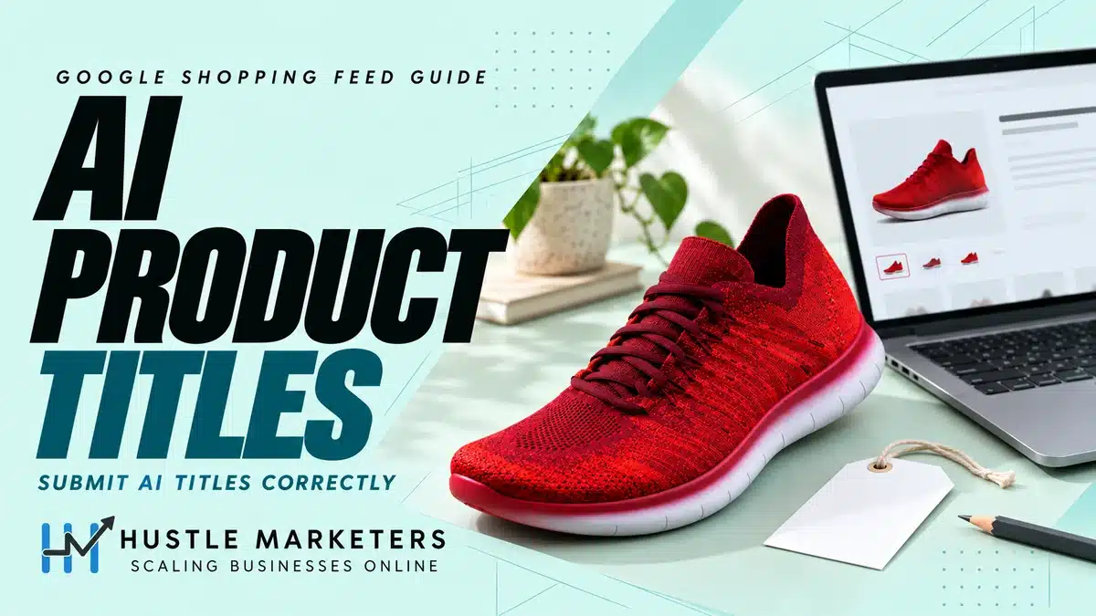 AI product titles for Google Shopping with a red running shoe and an illustrative product page.