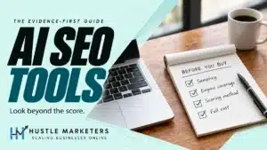 AI SEO Tools cover with a notebook checklist for sampling, engine coverage, scoring methods and full cost.