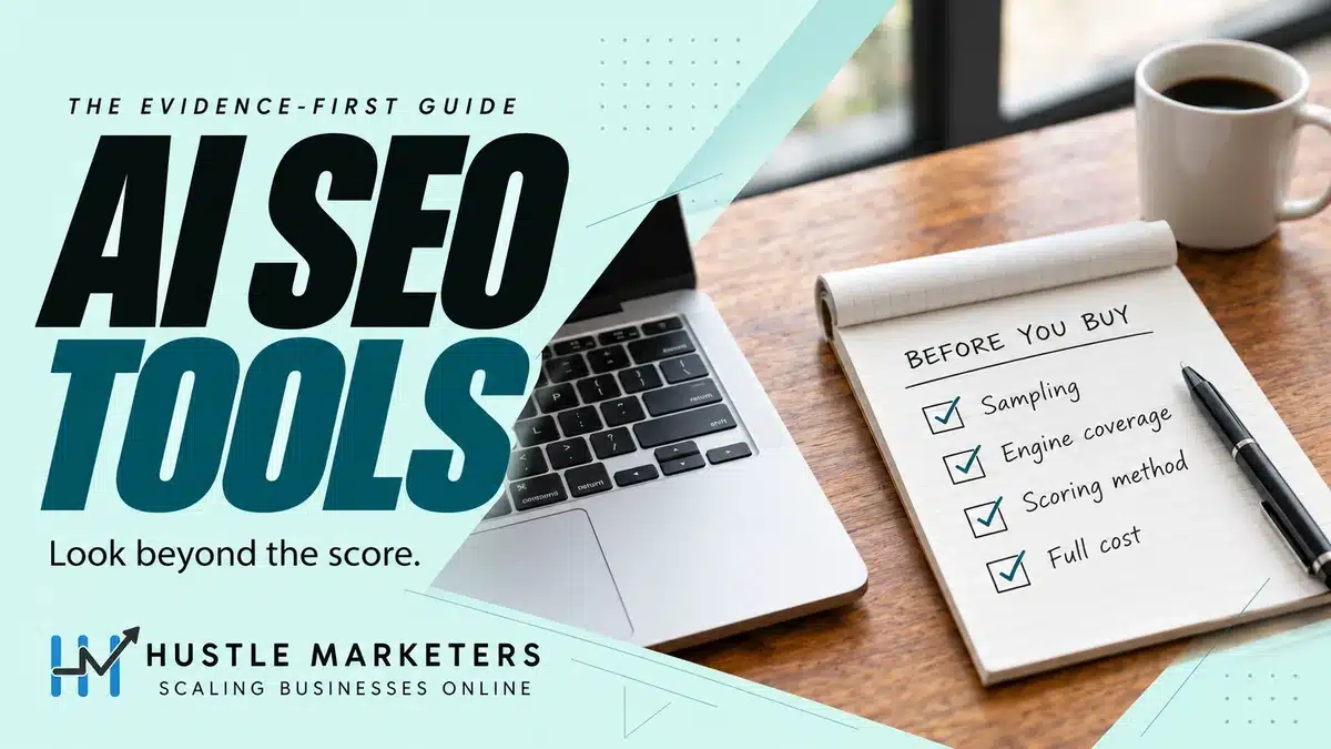 AI SEO Tools cover with a notebook checklist for sampling, engine coverage, scoring methods and full cost.