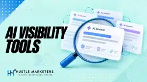 AI visibility tools illustration reviewing answer cards, source citations and changing results with a magnifier.