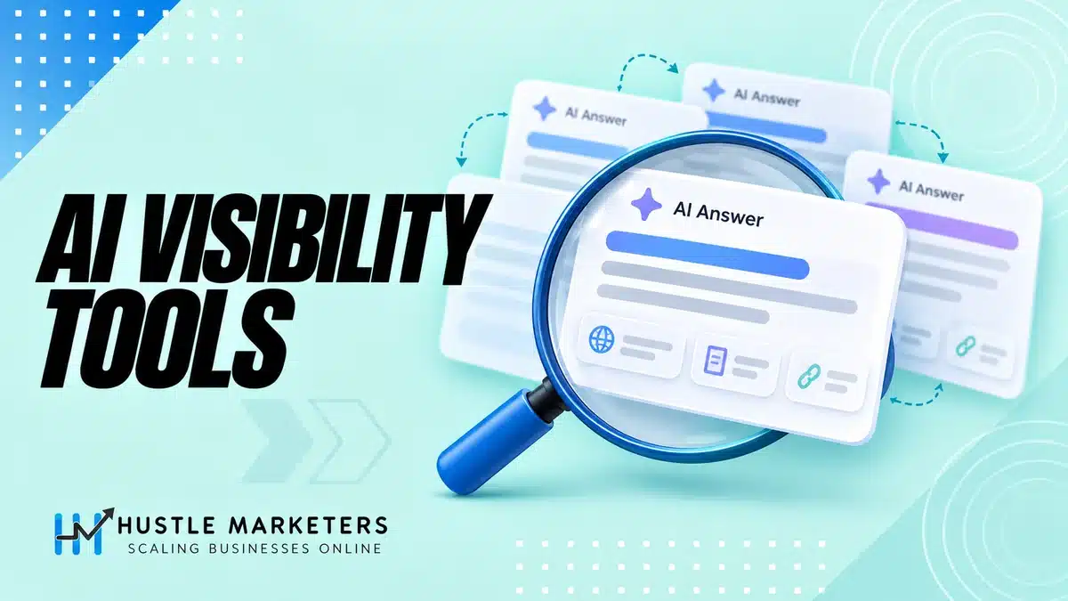 AI visibility tools illustration reviewing answer cards, source citations and changing results with a magnifier.