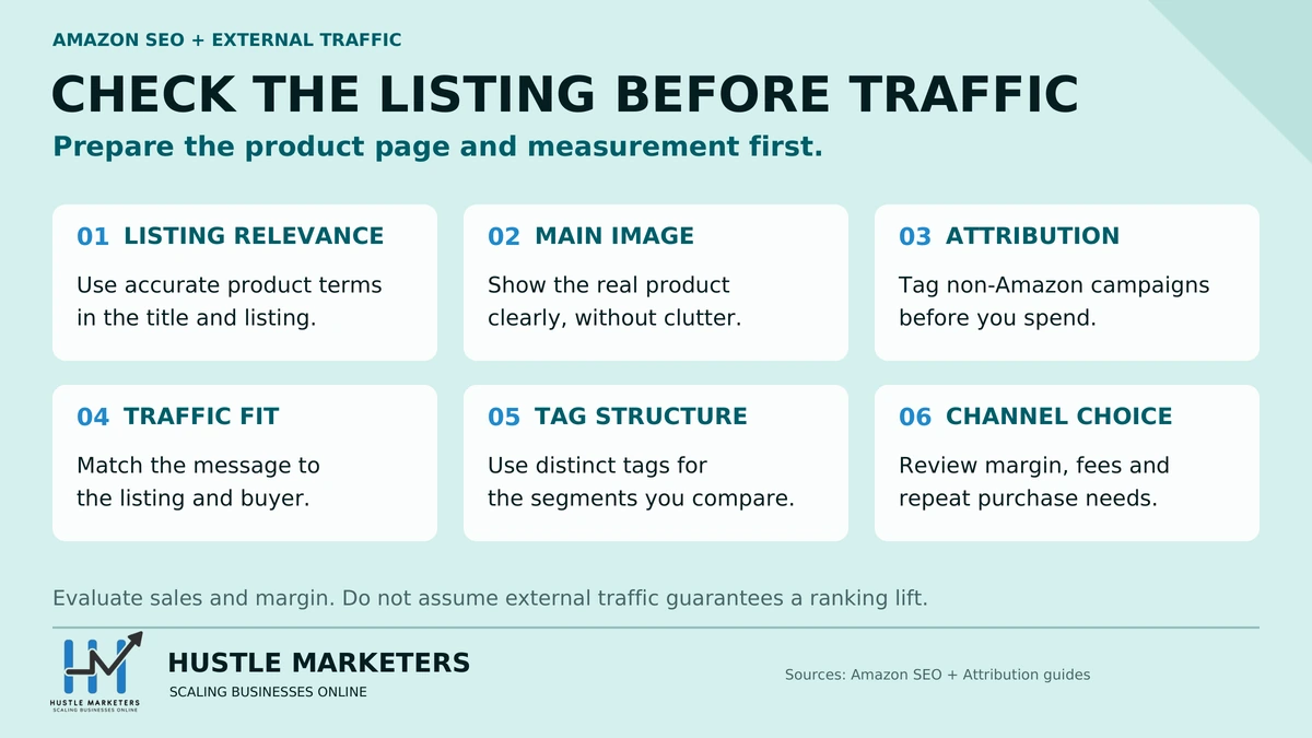Amazon seller checklist covering listing relevance, main image, external campaign attribution, traffic fit, tag structure and channel choice.