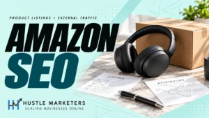 Amazon SEO cover with black headphones, a shipping box and planning sheets labeled Listing and Attribution.
