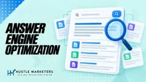 Answer engine optimization illustration with answer cards, source documents and clear page structure.