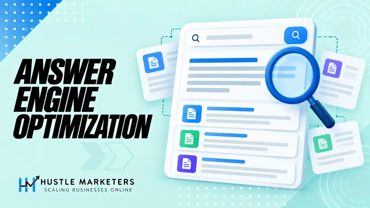 Answer engine optimization illustration with answer cards, source documents and clear page structure.