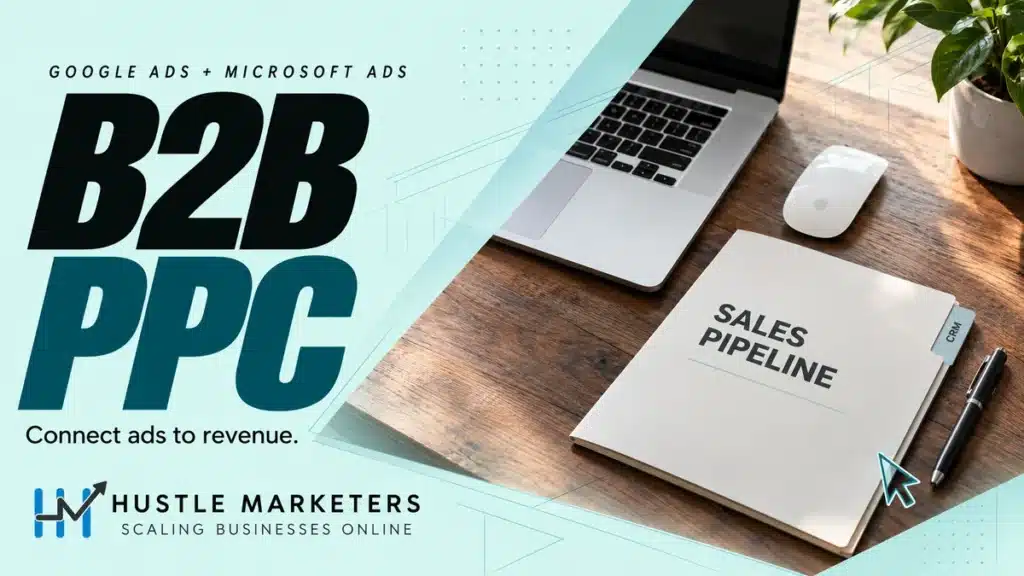 B2B PPC cover with a laptop and a sales pipeline folder for connecting advertising to revenue.