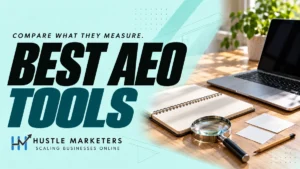 Best AEO Tools cover showing a laptop with a dark screen, a notebook, a magnifying glass and research cards on a desk.