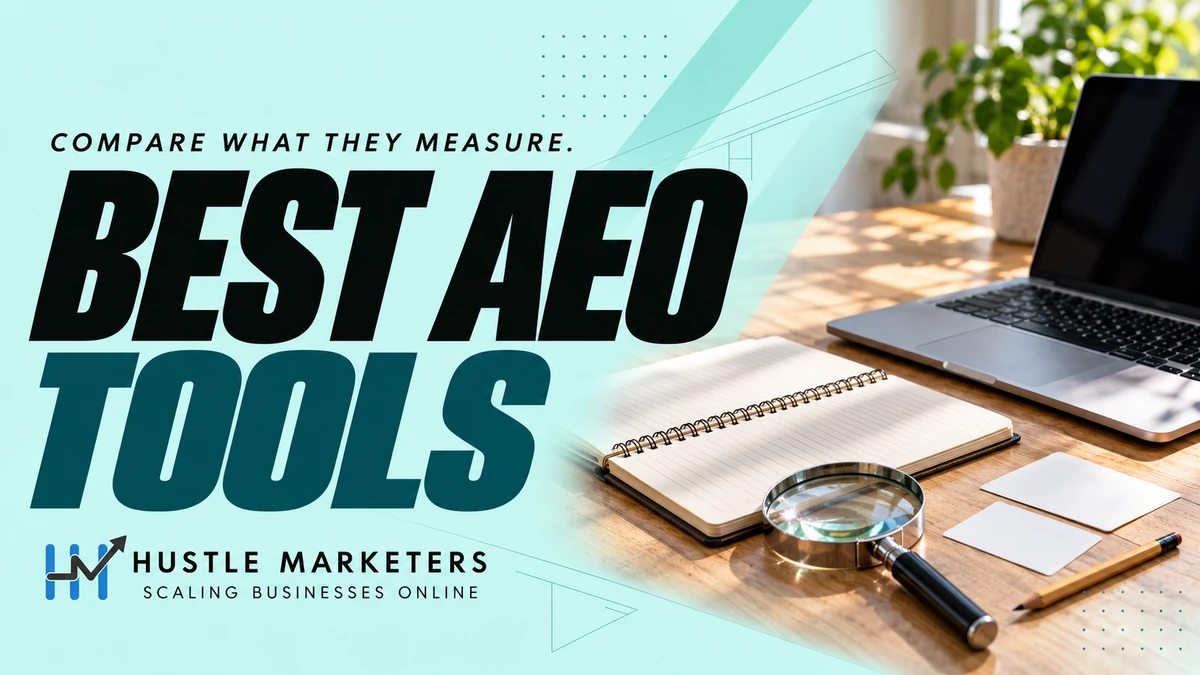 Best AEO Tools cover showing a laptop with a dark screen, a notebook, a magnifying glass and research cards on a desk.