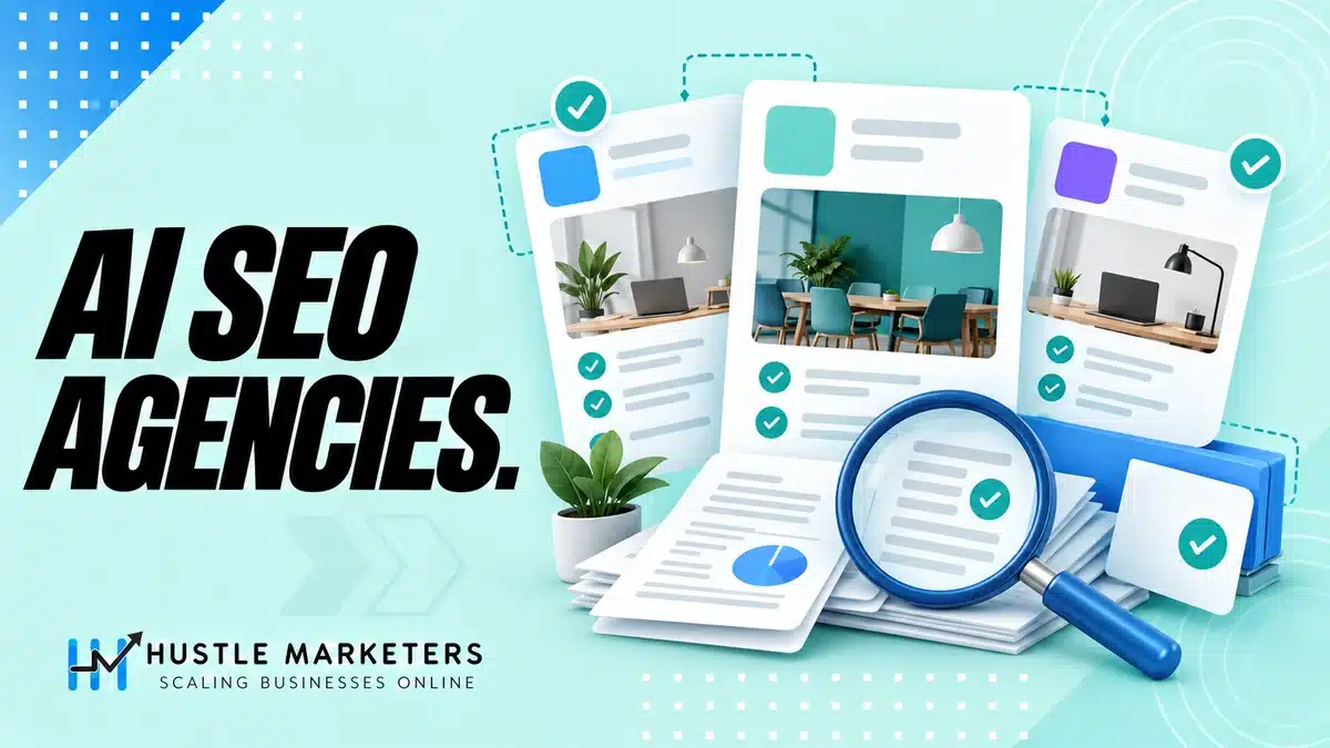 AI SEO agency comparison illustration with neutral agency cards, source documents and verification magnifier.