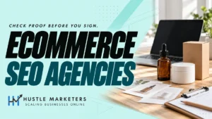 Ecommerce SEO Agencies cover showing product catalog cards, an amber bottle, a white jar, a kraft carton and a laptop on a desk.