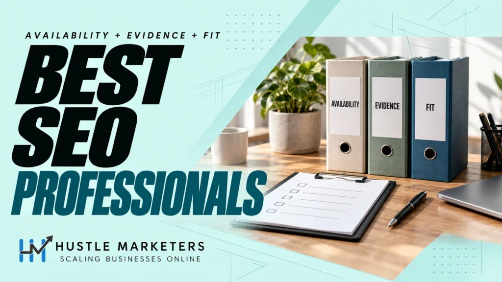 Best SEO professionals cover with folders labeled Availability, Evidence and Fit beside a blank hiring checklist and laptop.
