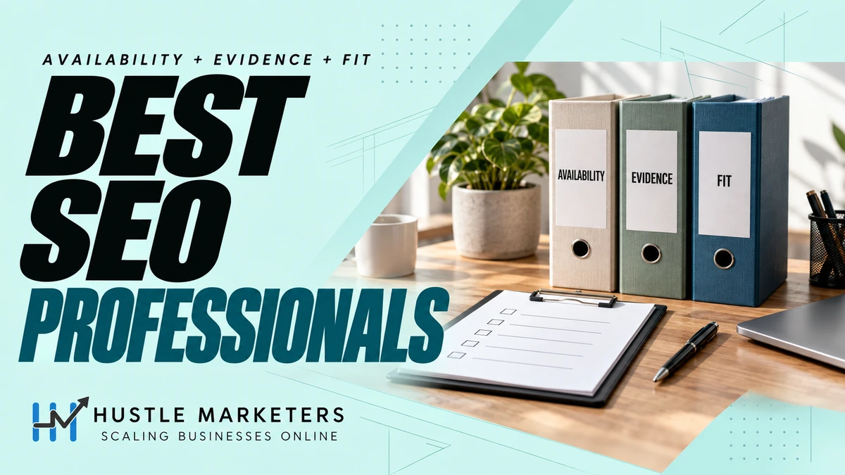 Best SEO professionals cover with folders labeled Availability, Evidence and Fit beside a blank hiring checklist and laptop.