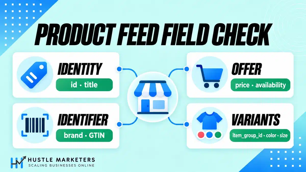 BigCommerce product feed field checklist for ID, title, price, availability, brand, GTIN, and variant fields.