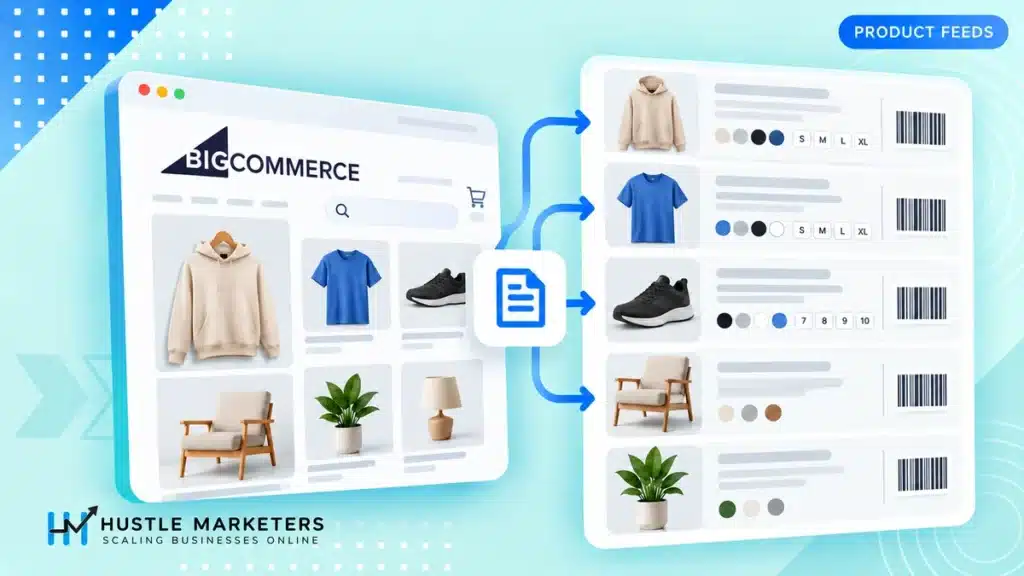 BigCommerce product catalog flowing into a Google Shopping feed with product variants and identifiers.