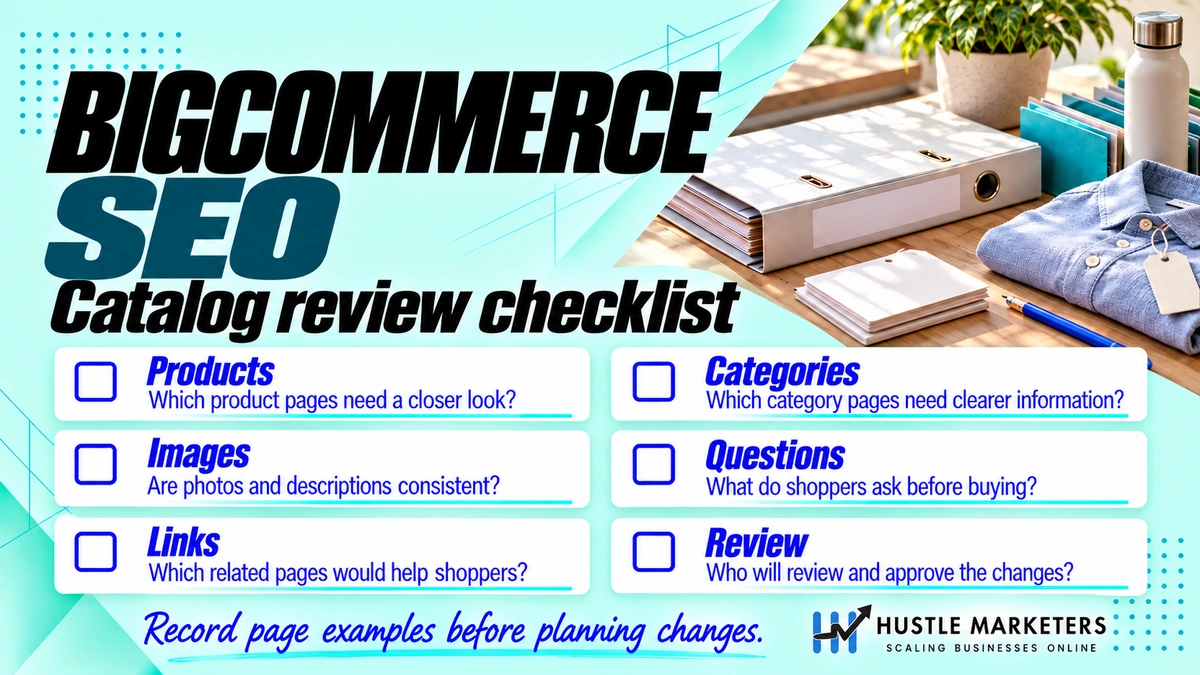 BigCommerce SEO catalog review checklist covering products, categories, images, shopper questions, links and review responsibilities