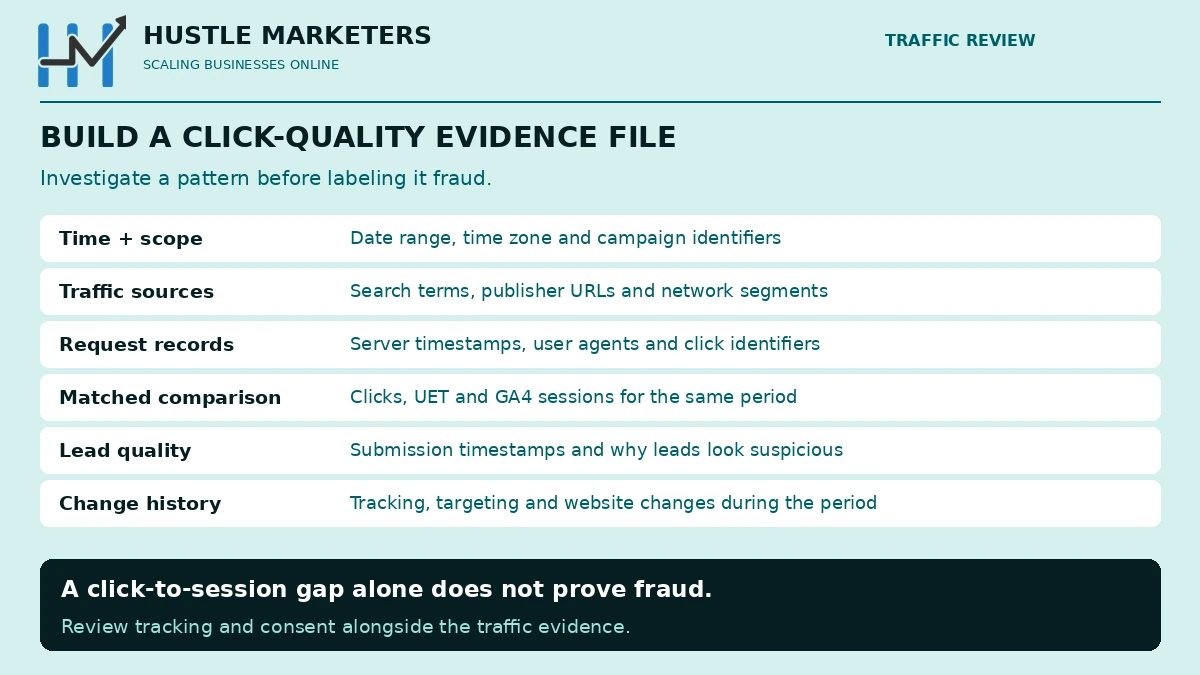 Six fields for a click-quality evidence file: time and scope, traffic sources, request records, matched comparison, lead quality and change history.