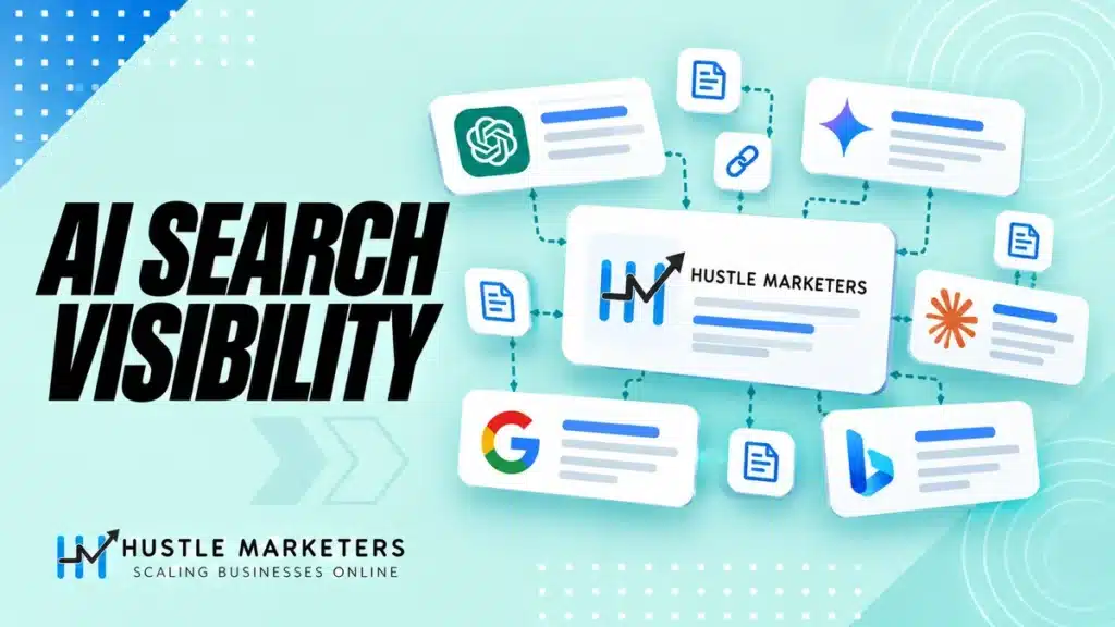AI search visibility illustration connecting a brand to answer cards and independent source pages.