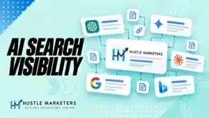 AI search visibility illustration connecting a brand to answer cards and independent source pages.