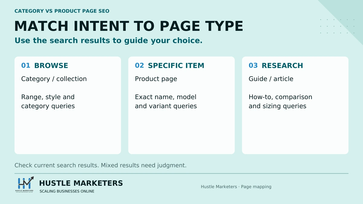 Search intent mapping: browsing queries to categories, specific items to products and research queries to guides.