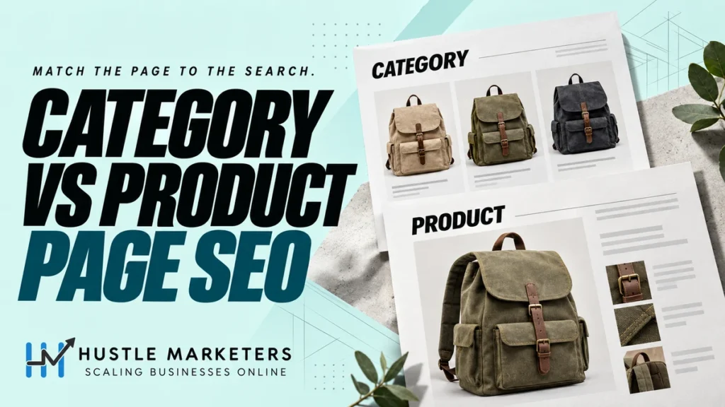 Category versus product page SEO cover showing a backpack collection and individual product.