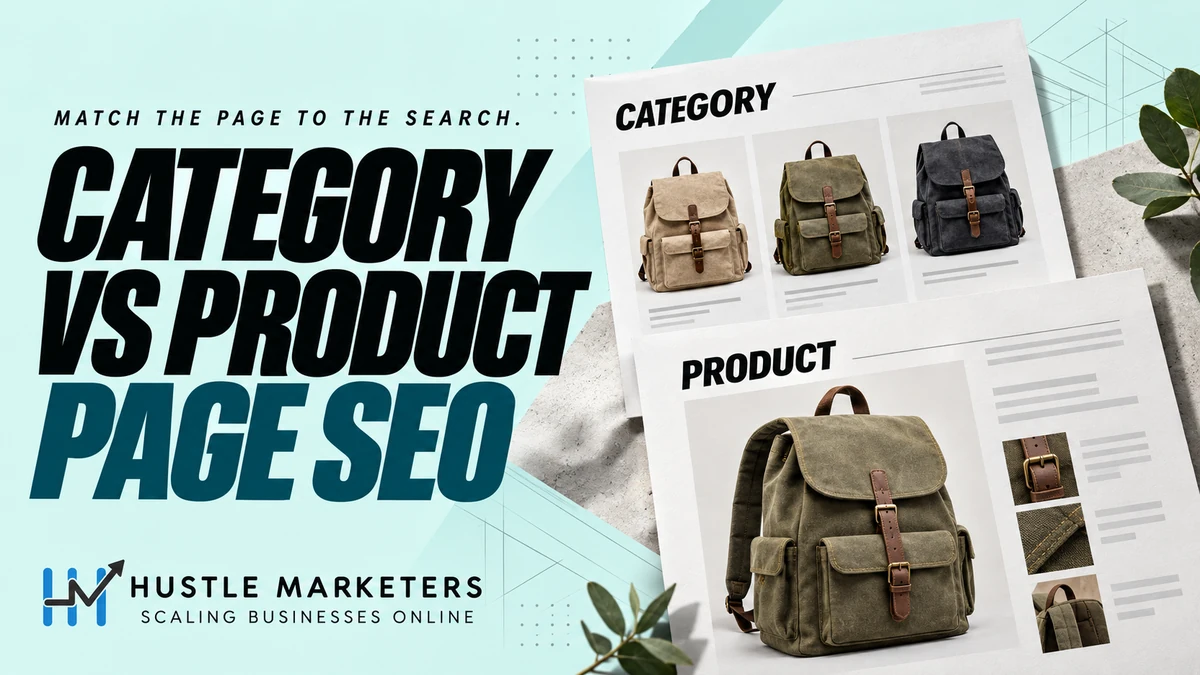 Category versus product page SEO cover showing a backpack collection and individual product.