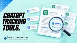 ChatGPT tracking tools illustration reviewing repeated AI answers for brand mentions and linked citations.