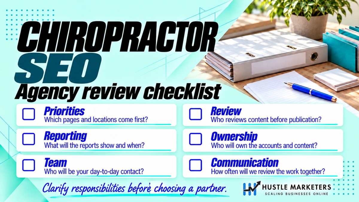 Chiropractor SEO agency review checklist covering priorities, content review, reporting, ownership, team and communication
