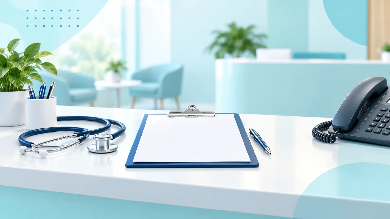 Clinic reception desk with a blank appointment clipboard, stethoscope and phone.