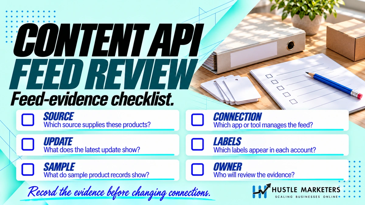 Content API feed-evidence checklist covering data source, connection, latest update, labels, sample products, and review owner