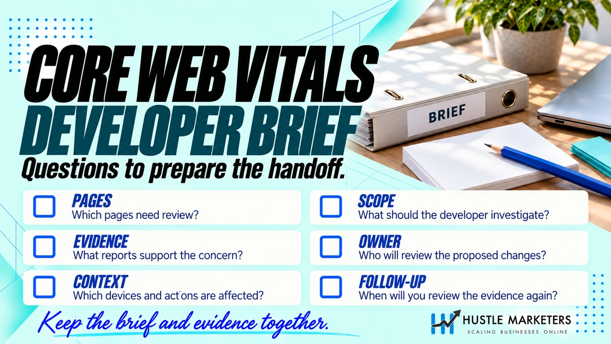 Core Web Vitals developer brief checklist covering pages, evidence, device and action context, investigation scope, review owner, and follow-up