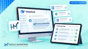 DeepSeek answer interface and a manual visibility tracking log for brand mentions and cited sources.