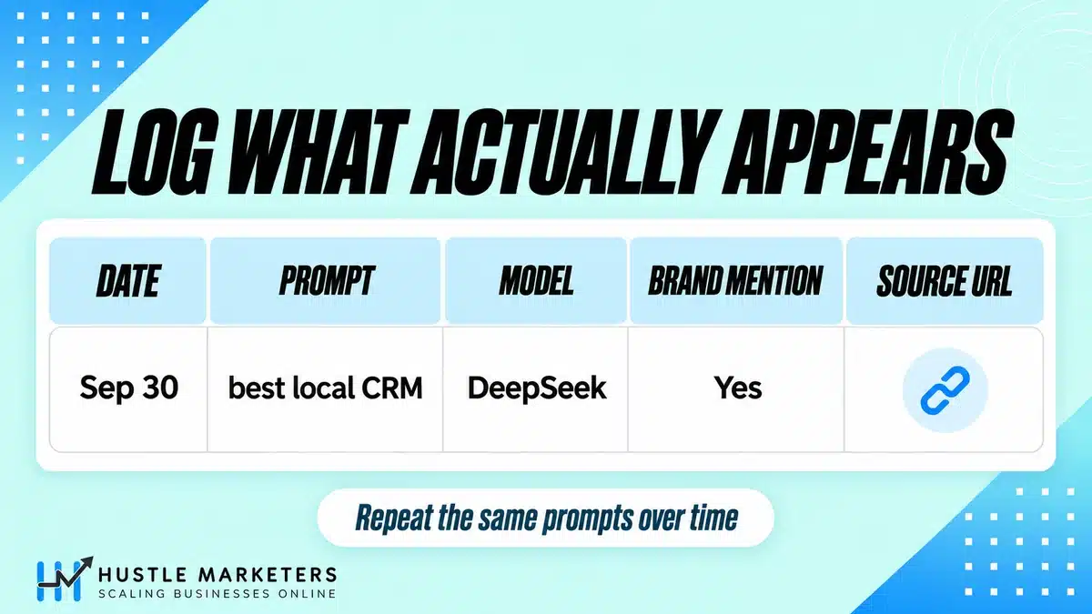 Example DeepSeek visibility tracking log with date, prompt, model, brand mention and source URL.