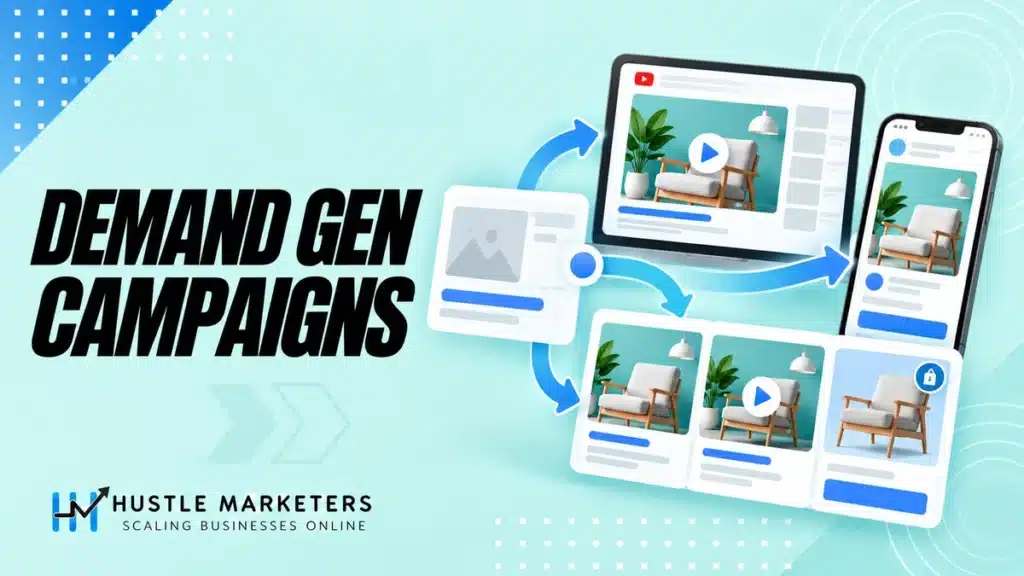 Demand Gen campaigns illustration showing creative moving from a display placement into image and video surfaces.