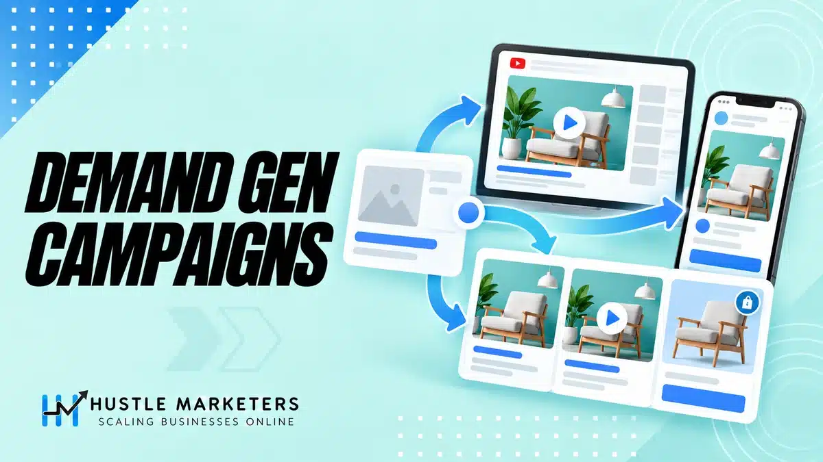 Demand Gen campaigns illustration showing creative moving from a display placement into image and video surfaces.