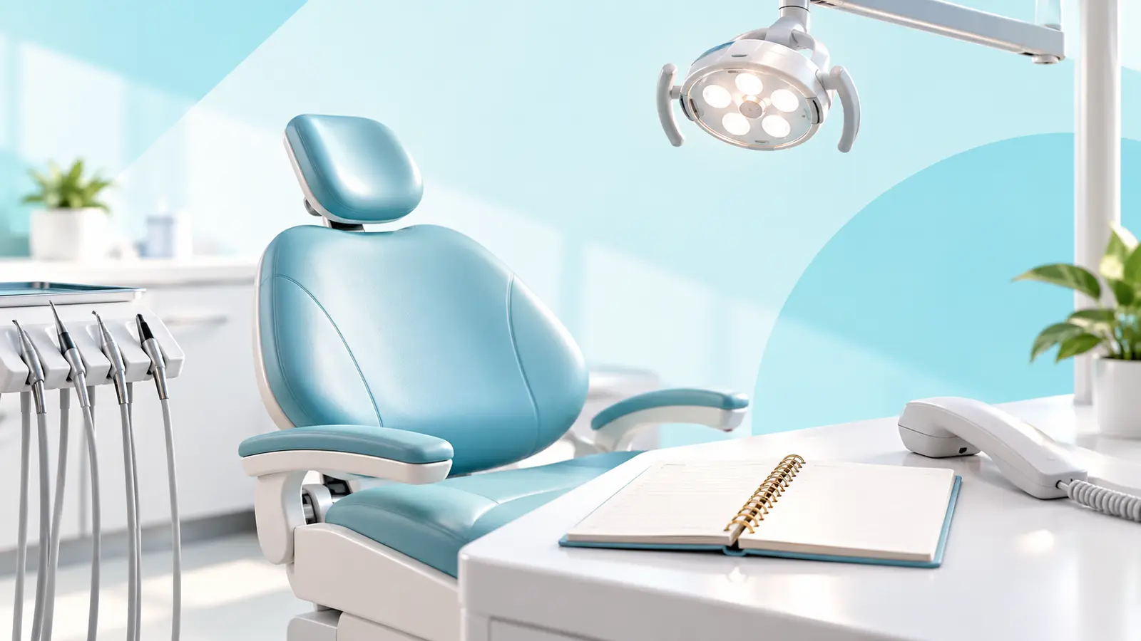 Dental chair and overhead light beside a blank appointment notebook and phone.